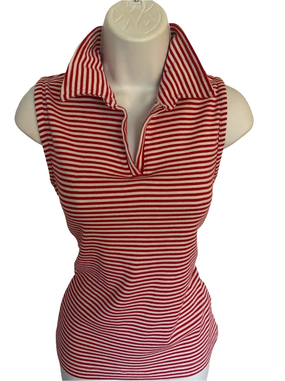 Erika Vintage Red and White Striped Sleeveless Collared Polo - S